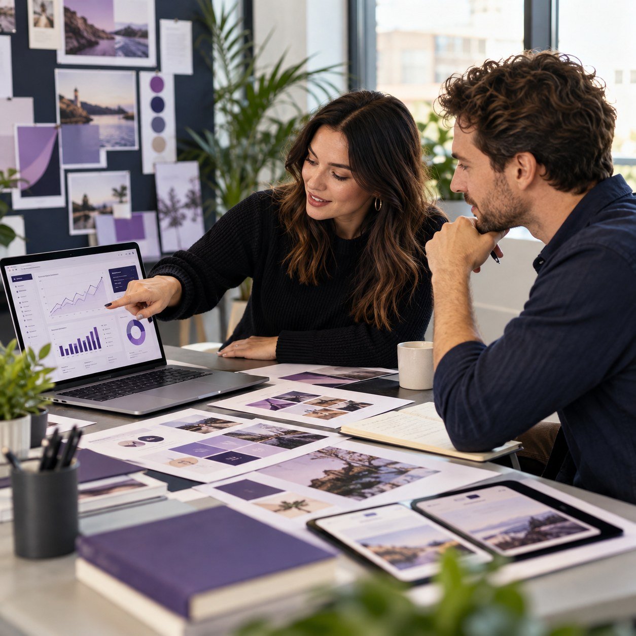 Origin8 team members reviewing brand and analytics work together