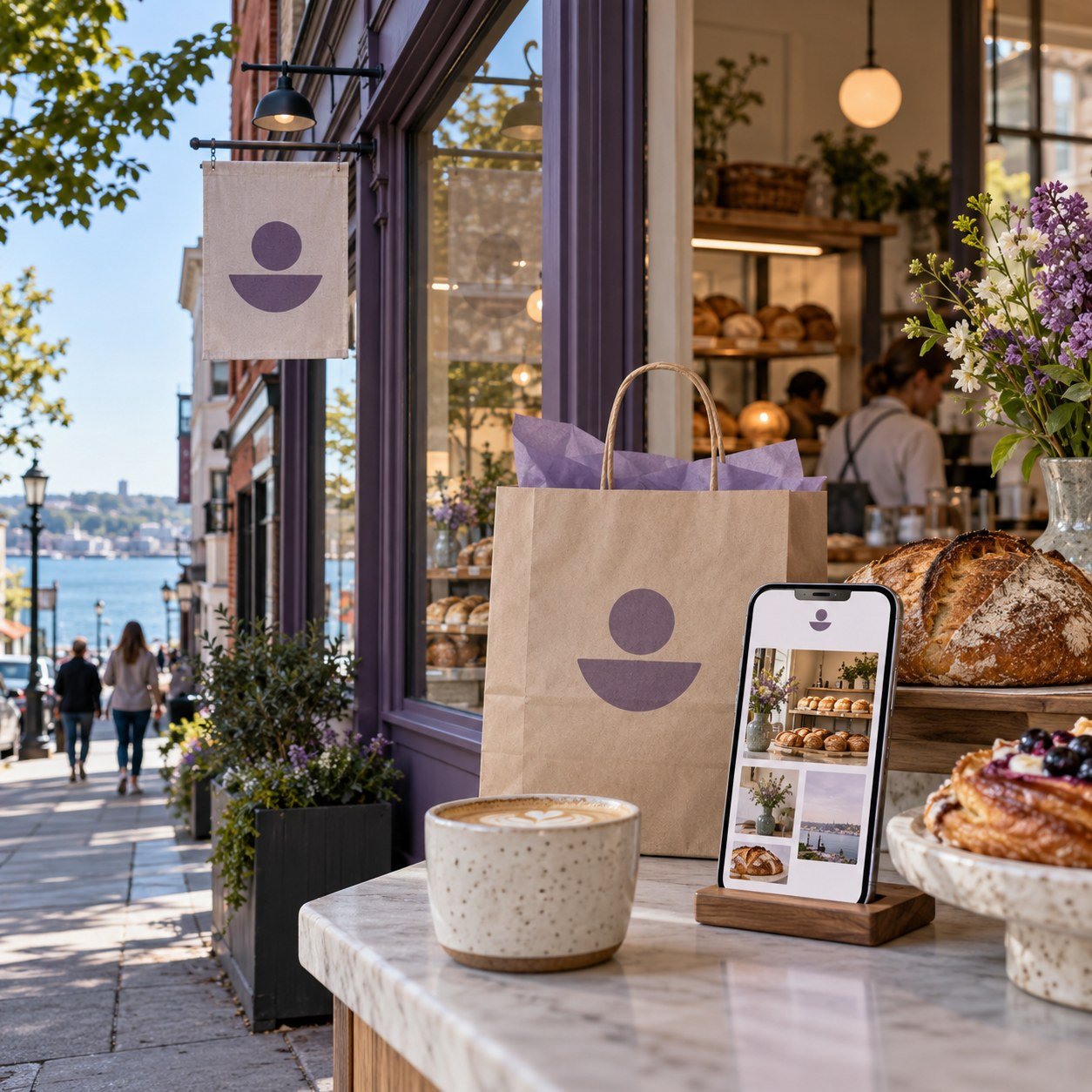 Origin8 branding shown on a client storefront, takeout bag and phone screen